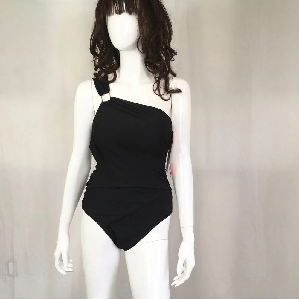 NEW SPANX Black Whittle Waistline Draped One Shoulder One Piece Swimsuit 10